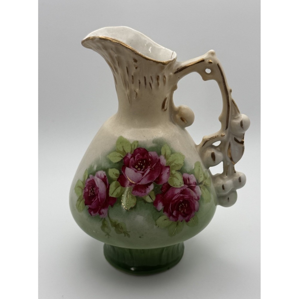 Antique Austrian Porcelain Small Pitcher Ewer Hand Painted Roses Gold Trim 5.5"H